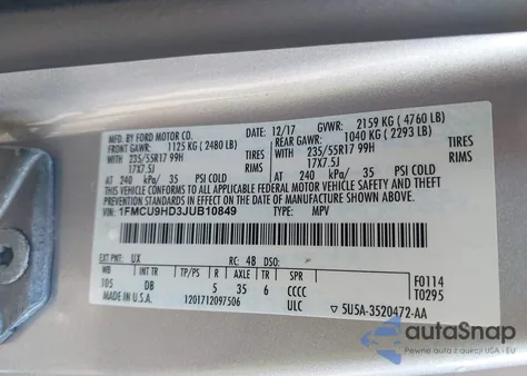 2018 Ford Escape Sel из США, поврежденный, VIN 1FMCU9HD3JUB10849